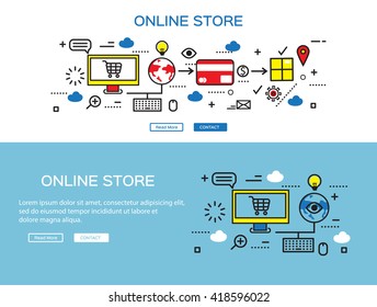 Flat line design, e-commerce business concept, internet store, process e-commerce