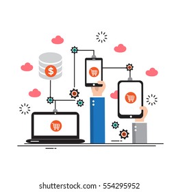 Flat line design, e-commerce business concept, internet store, process e-commerce