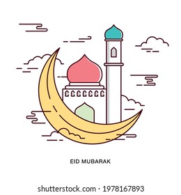 Flat Line Design. Eid Mubarak greeting Mosque illustration with big crescent moon and clouds on white background