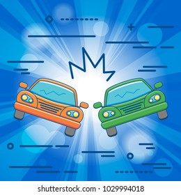 Flat Line design graphic image concept of car crash vector illustration, two automobiles collision, auto accident scene isolated on blue background