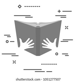 Flat Line design graphic image concept of open book with hands icon on a white background