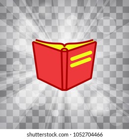 flat Line design graphic image concept of red open book icon on sunburst or flash rays chequered background