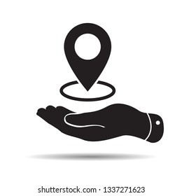 Flat Line design graphic image concept of  hand showing black map pointer icon on white background