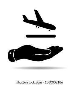 Flat Line design graphic image concept of  hand showing airport plane arrival icon on white background