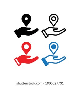 Flat Line design graphic image concept of hand showing black map pointer icon on white background