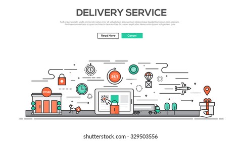 Flat Line design graphic image concept, website elements layout of Delivery service. Icons Collection of Creative Work Flow Items. Vector Illustration