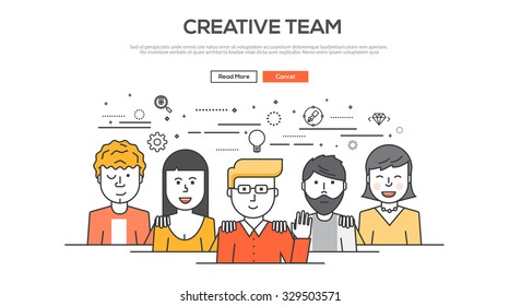 Flat Line design graphic image concept, website elements layout of  Creative team. Icons Collection of Creative Work Flow Items. Vector Illustration