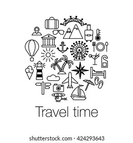 Flat Line design graphic image concept, website elements layout of Time to Travel. Travel time poster with sun, helicopter, mountain, tower, palm tree, island and balloon. Vector illustration