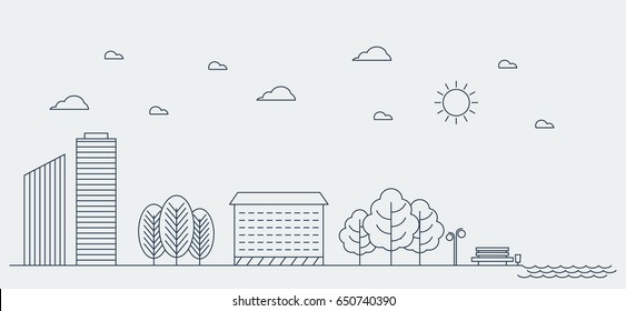 Flat Line design graphic image concept, website elements layout of Urban Landscape. Icons Collection of Creative Work Flow Items. Vector Illustration