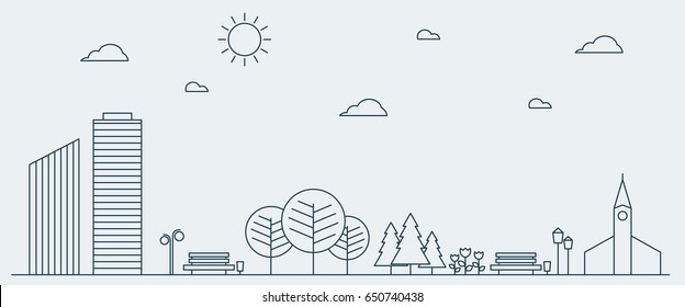 Flat Line design graphic image concept, website elements layout of Urban Landscape. Icons Collection of Creative Work Flow Items. Vector Illustration