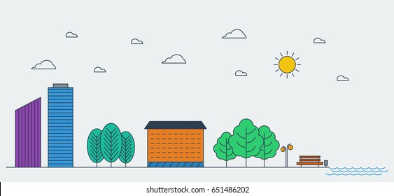Flat Line design graphic image concept, website elements layout of Urban Landscape. Icons Collection of Creative Work Flow Items. Vector Illustration