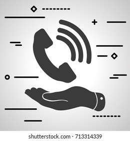 Flat Line design graphic image concept of  hand showing black phone receiver icon on a grey background