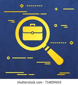 Flat Line design graphic image concept of magnifying glass with flat portfolio briefcase icon on a blue vector paper layer background