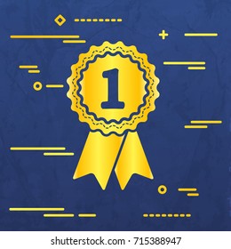 Flat Line design graphic image concept of first place award badge with ribbons icon on a blue vector  paper layer background