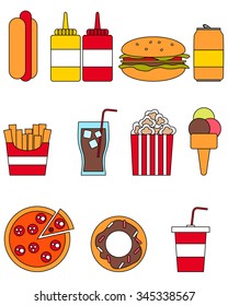 Flat line design. Icon set fast food. Vector illustration