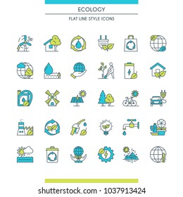 Flat line design icons on theme environment and ecology. Renewable energy and green technology signs. Vector illustration