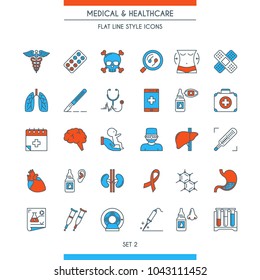 Flat line design icons on medical theme. Health insurance, medical service, healthcare, cardiology, pharmacy, medical equipment and first aid symbols. Vector illustration