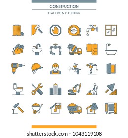 Flat line design icons on construction theme. Building, home repair tools and construction works symbols. Vector illustration