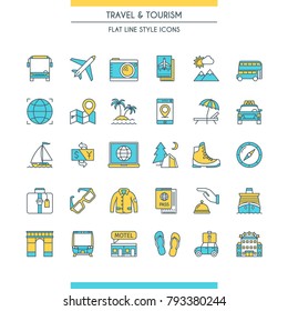 Flat line design icons on theme tourism. Travel and recreation signs. Vector illustration