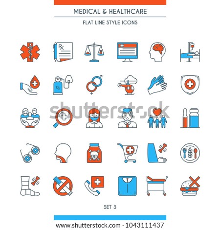 Flat line design icons on medical theme. Health insurance, medical service, healthcare, cardiology, pharmacy, medical equipment and first aid symbols. Vector illustration