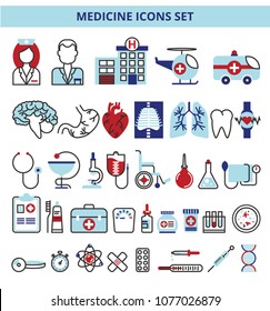 Flat line design icons set, medicine concept, clinic and hospital facilities. Modern vector illustration for web design, marketing and print material.