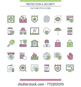 Flat line design icons set on theme security and protection. Internet security, data protection. Vector illustration