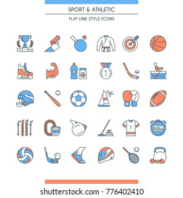 Flat line design icons set on theme sports and athletics. Vector illustration