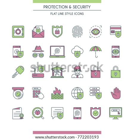 Flat line design icons set on theme security and protection. Internet security, data protection. Vector illustration