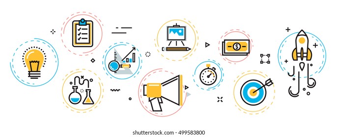 Flat line design illustration concept of scheme start up, plan business project startup process banner for website header and landing page in circles digital element. Idea, analysis, investment, start