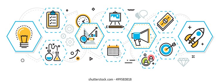 Projeto de linha plana conceito de ilustração de esquema de iniciar plano de negócios projeto de negócio banner processo de inicialização para cabeçalho do site e página de destino em hexágonos elemento digital. Idéia, análise, investimento, início