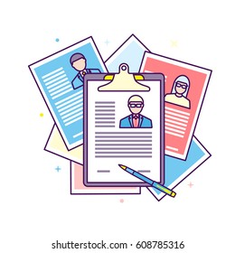Lehrplan für die flache Gestaltung von Lehrplänen für die Rekrutierung von Bewerbern auf dem Arbeitsmarkt. Konzepte für Humanressourcen und Rekrutierung. Suche cv und Profil der Mitarbeiter.
