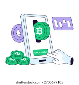 Eine flache Linie Design Illustration von mobilen Bitcoin