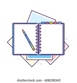 Flat line design notepad and paper sheets isolated on white background whit place for text. School vector background with an open notebook.
