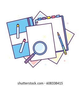 Flat line design notepad, paper folder, pen and color sheets of paper isolated on white background with place for text. School vector background
