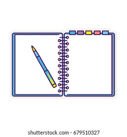 Flat line design notepad and paper sheets isolated on white background whit place for text. School vector background with an open notebook.