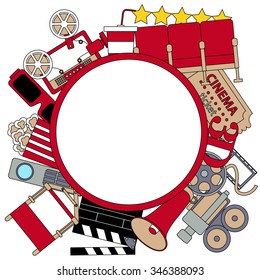 Flat line design. Round background cinema. Vector illustration