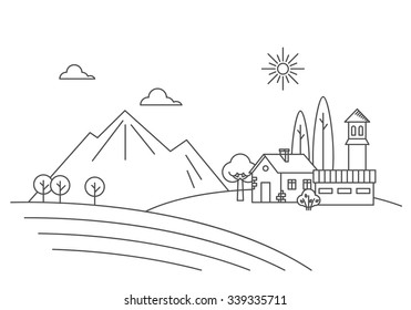 Flat line design rural landscape illustration with a country house, arable land,  un, hills and mountains.