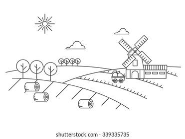 Flat line design rural landscape illustration with a mill, arable land, sun, hills and clouds.