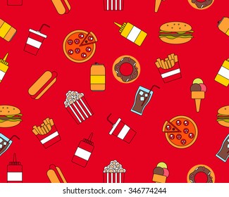 Flat line design. Seamless pattern fast food. Popcorn, ice cream, pizza. Vector illustration