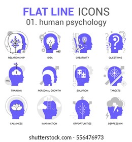 Flat line design set of Human Psychology icons (relationship, idea, creativity, questions, training, personal growth, opportunities, solution, calmness, depression and imagination).