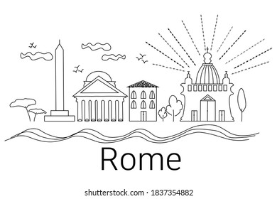 Flat line design style, cityscape of Rome, travel background, isolated, vector illustration