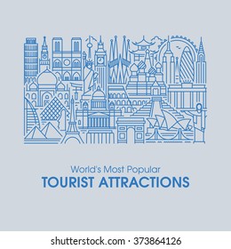 Flat line design style illustration of world's most popular tourist attractions. Modern vector background for traveling, summer vacation, tourism and journey concepts