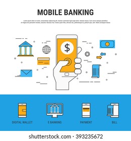 Flat line design style. Mobile banking concept. Cartoon Vector Illustration.