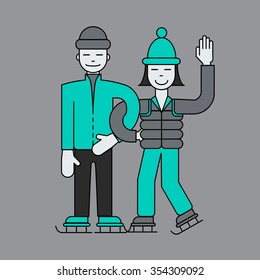 flat line design style modern vector illustration of young couple on skates. Winter sport. vector illustration