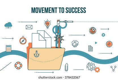 Flat line design style modern illustration of a business concept, a businessman on a ship sailing to success, finance icons