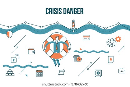 Flat line design style modern illustration of a business concept, businessman floating on the lifebuoy to escape the financial crisis