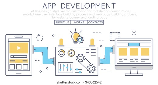 Flat line design style vector illustration for mobile app construction, smartphone user interface building process and web page building process, for website banner and landing page