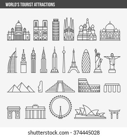 Flat line design style vector illustration icons set and logos of top tourist attractions, historical buildings, towers, monuments, statues, sculptures and modern architecture