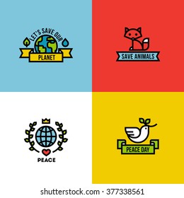 Flat line design style vector illustration of green planet, peace day and save the animals