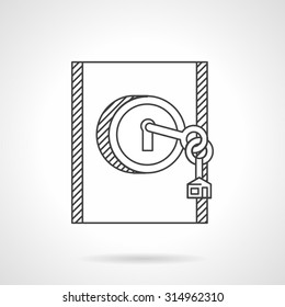 Flat line design vector icon for rental of residential or comercial property. Abstract sign of door lock with key. Design elements for business and website